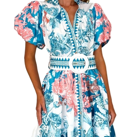 Garden Floral Button-Up Mock Neck Puff Sleeve Wide Belt Slit Front Maxi Dress - Picture 7 of 12